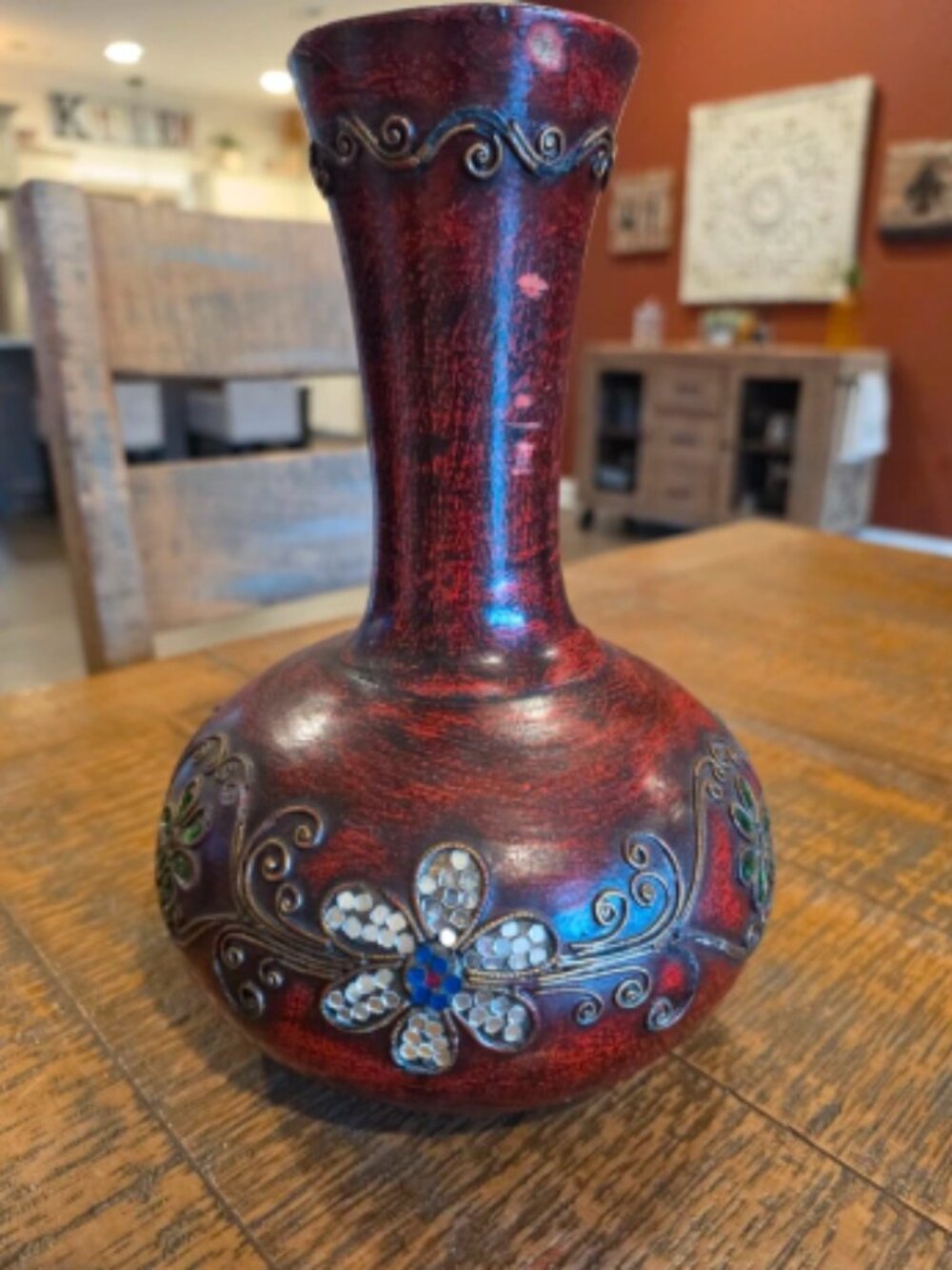 Decorative Red Distressed Floral Vase